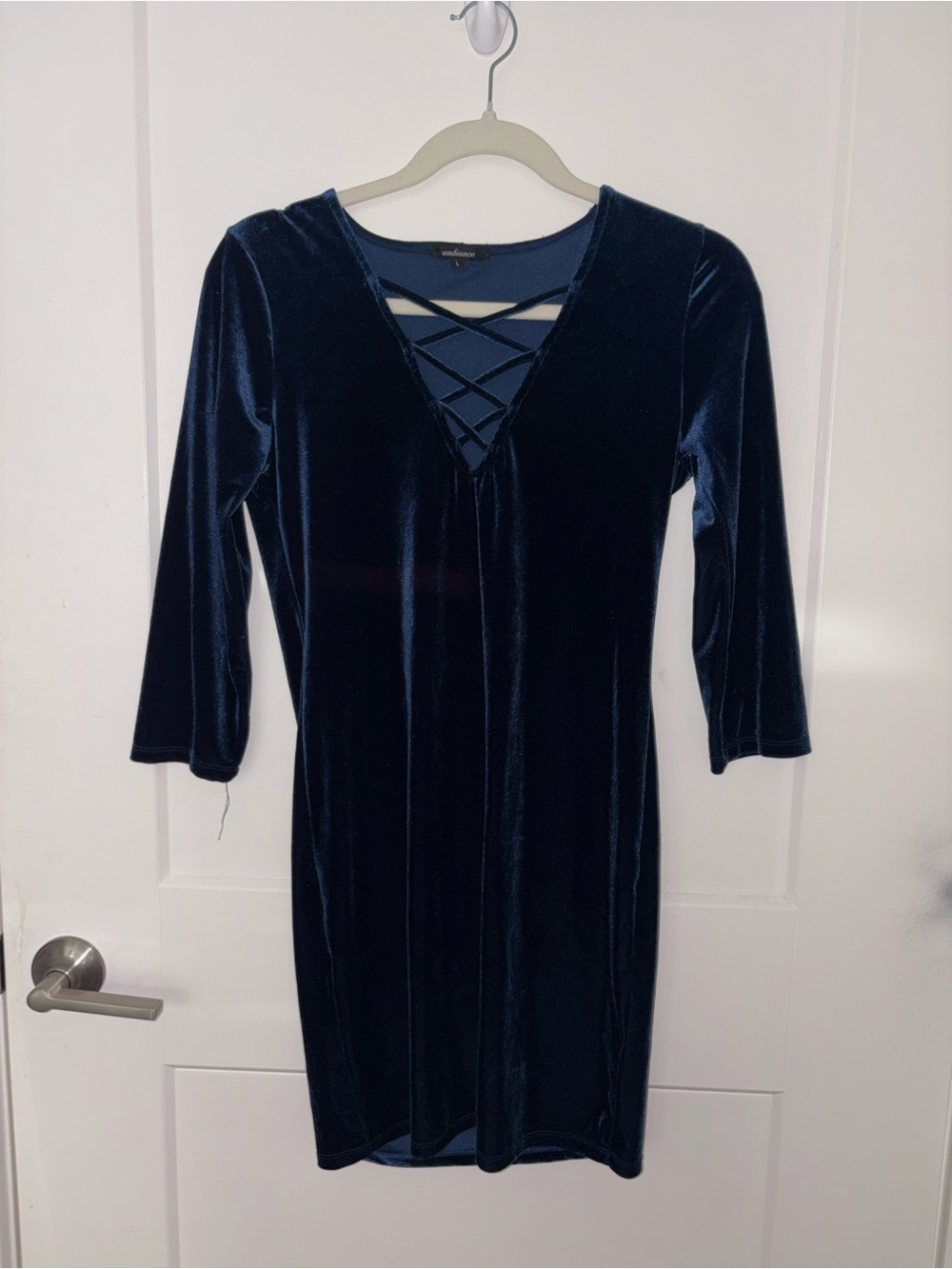 Velvet Lace-Up V-Neck Dress - Navy